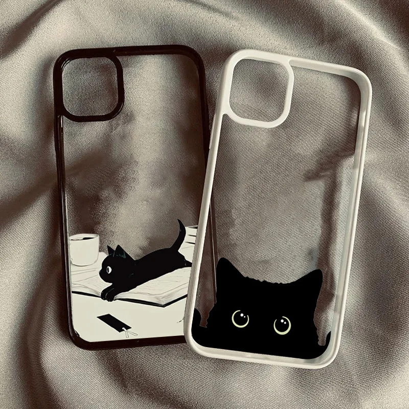 Phone Case For Samsung Galaxy S24 Ultra S25 S23 FE S22 Plus A06 A16 A54 A35 A15 A55 A34 5G Cute Black Cat Pattern Clear Cover