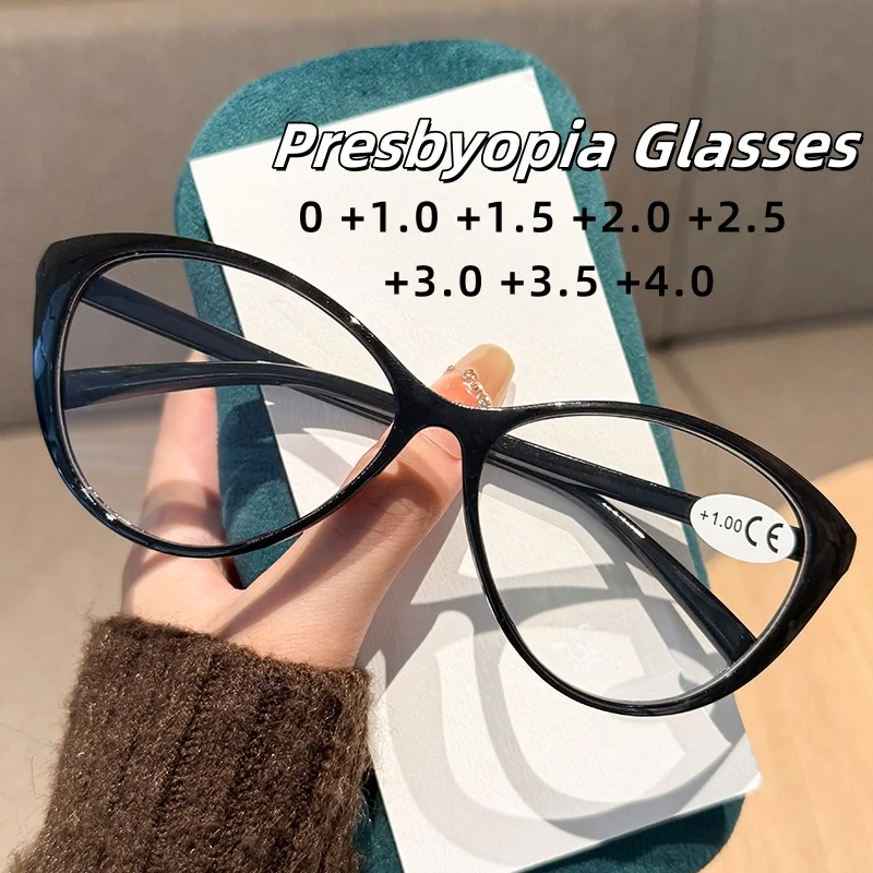 

New Fashion Large Frame Cat Eye Presbyopia Glasses Ultra Light Unisex Glasses Blue Light Blocking Eye Protection Diopter To +4.0