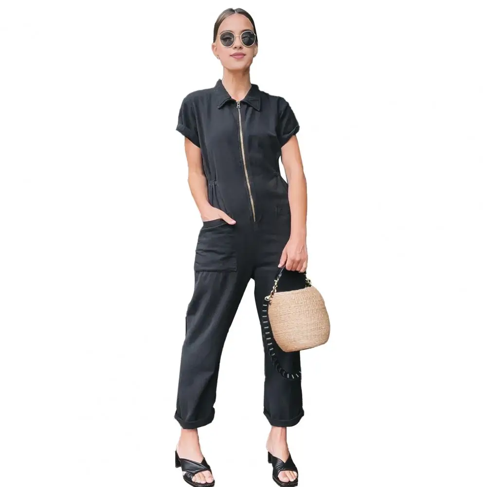 Women Jumpsuit Ankle Length Long Jumpsuit with Half Zipper Turn-down Collar Patch Pockets Casual Style for Women's Daily Wear