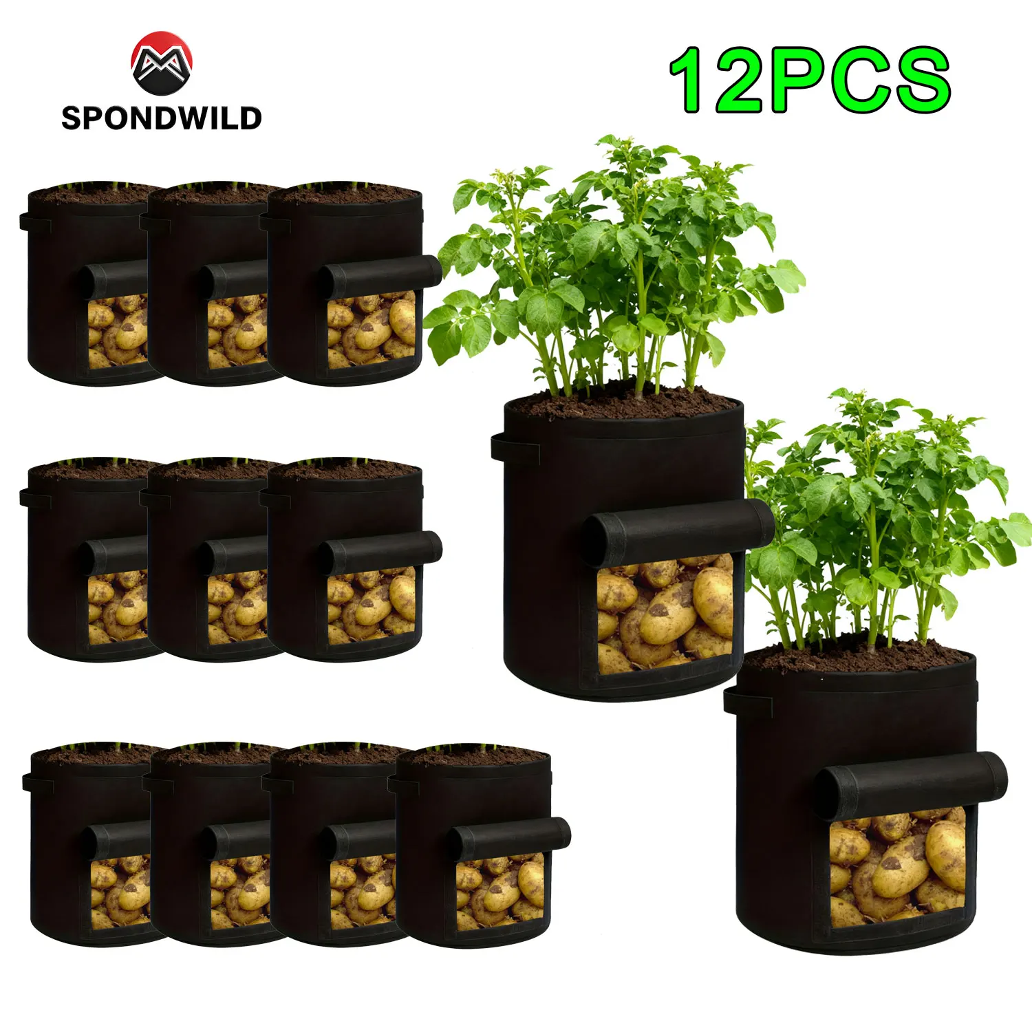 SPONDWILD 12 Uds. Bolsas de cultivo de plantas de 5 galones tela no tejida gruesa jardín invernadero patata olla bolsas de cultivo de vegetales