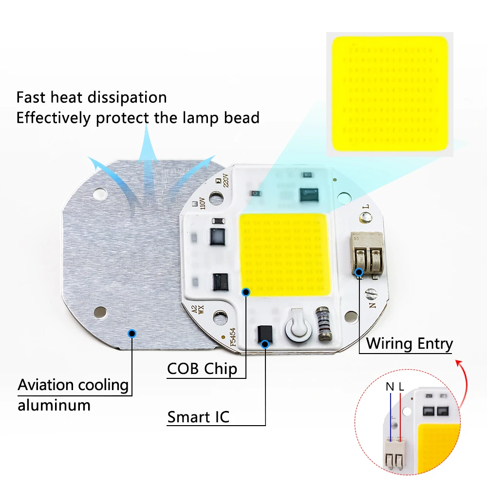 Senza saldatura 2 pezzi 100W 70W 50W Chip LED COB ad alta potenza per proiettore faretto 220V 110V perline di luce integrate in alluminio