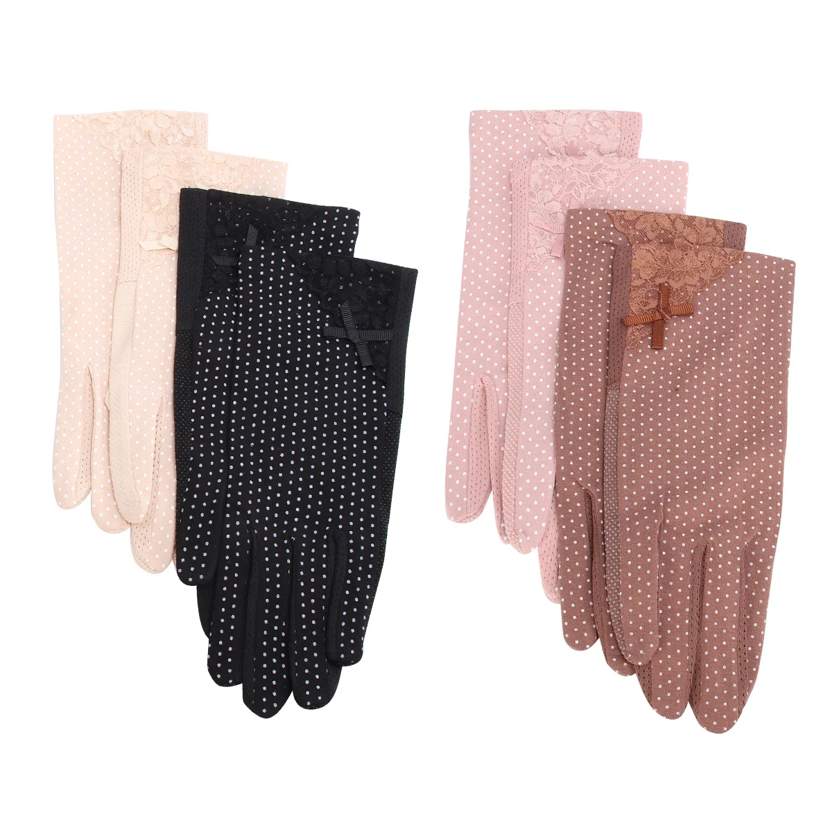 

4Pairs Thin Lace Sun Block Gloves Breathable Summer Gloves Uv Protection for Hiking Riding Fishing Black Beige Coffee Light