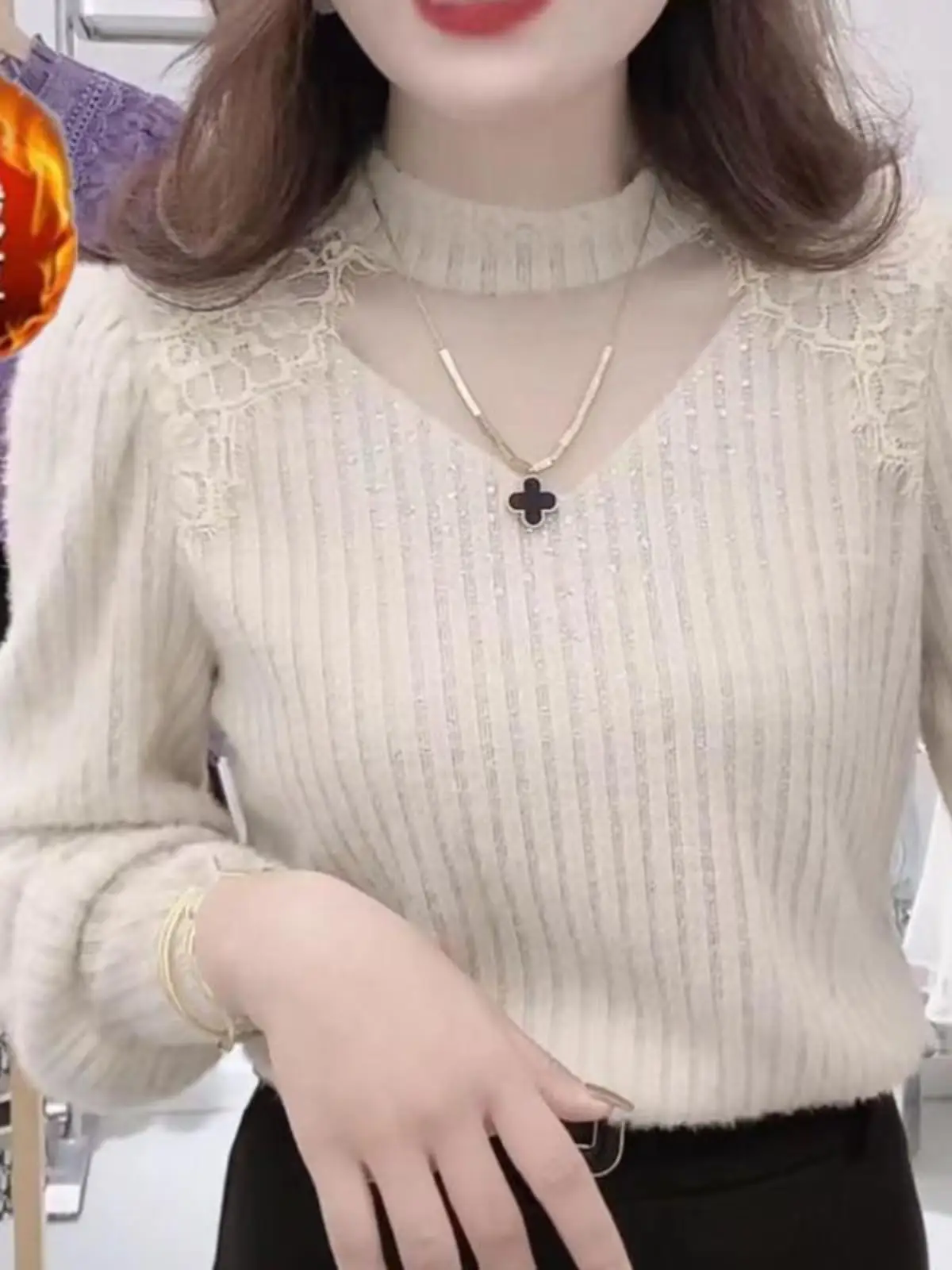 ファッショナブルなフリース裏地付きハーフハイカラーレディースベースシャツ秋冬エレガントトップトレンディ耳カバースタイリッシュなデザインセンス