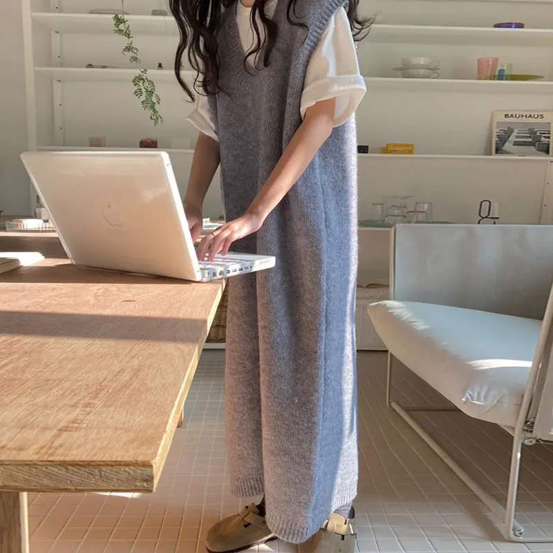 Chic Autumnal Vintage Simple V-ne Color Loose Casual Straight-cut Svel Knitted Vest Dr Women's Faion