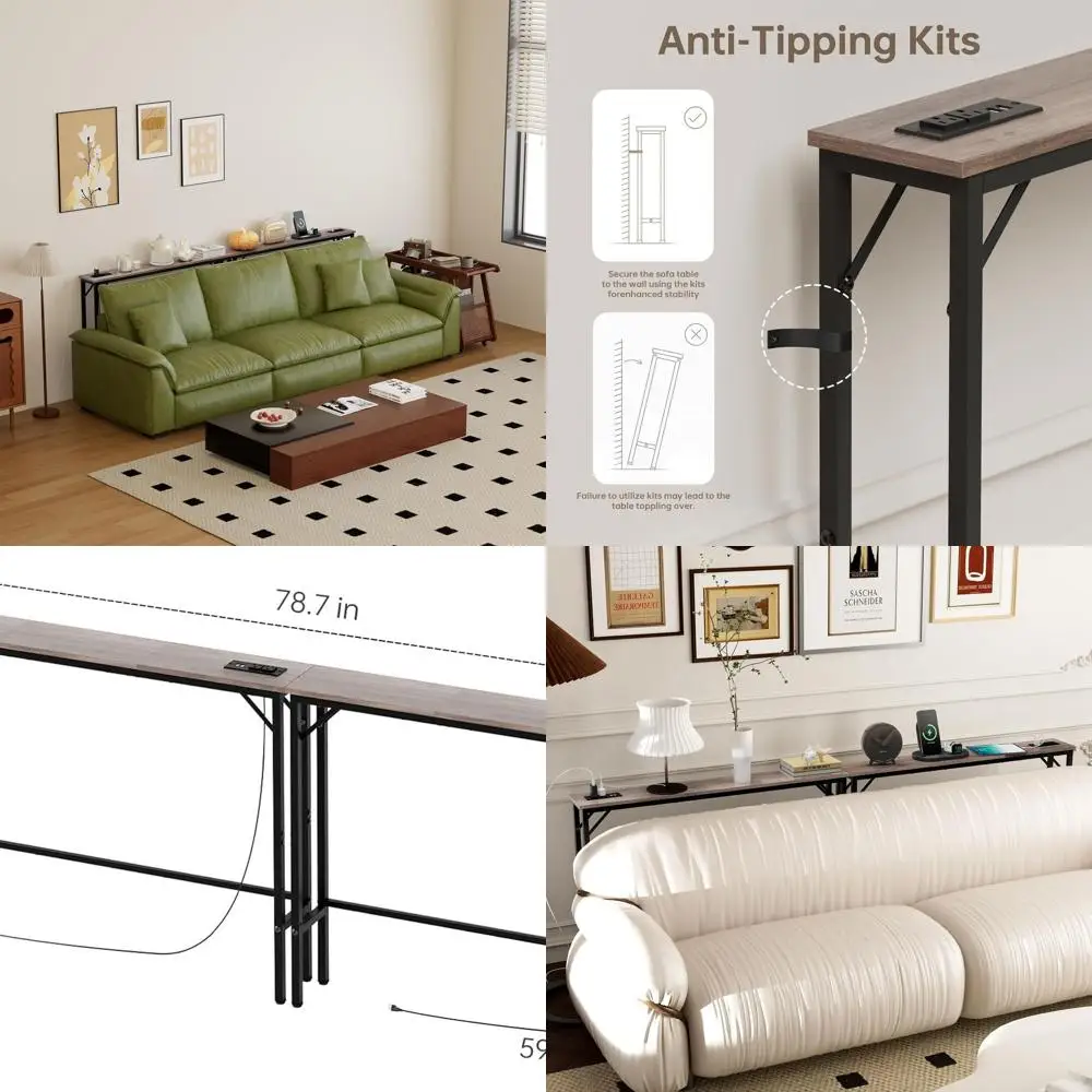 

Rustic Brown Console Table Set of 2, 78.7 Narrow, Behind Sofa, Entryway Tables with Charging Station for Living Room
