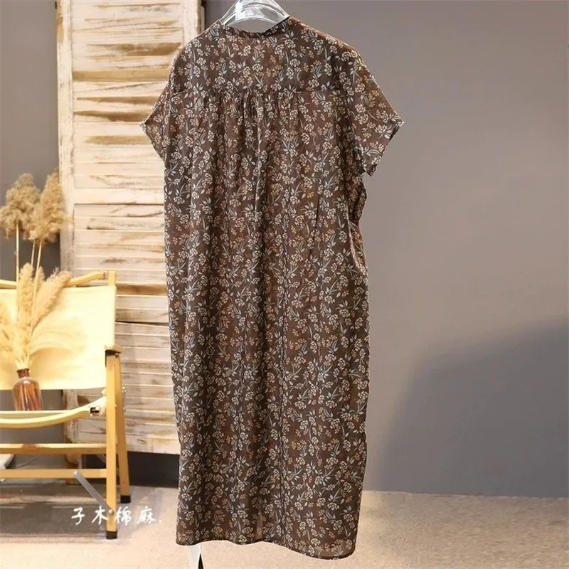 Abito camicia estiva da donna a maniche corte con stampa floreale Abiti monopetto larghi in ramia Abiti dritti casual