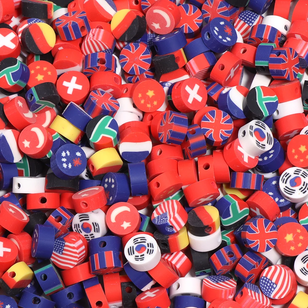 50pcs Polymer Clay Beads Color Flat Round National Flags Loose Bead for DIY Handmade Bracelets Necklace Accessories Wholesale