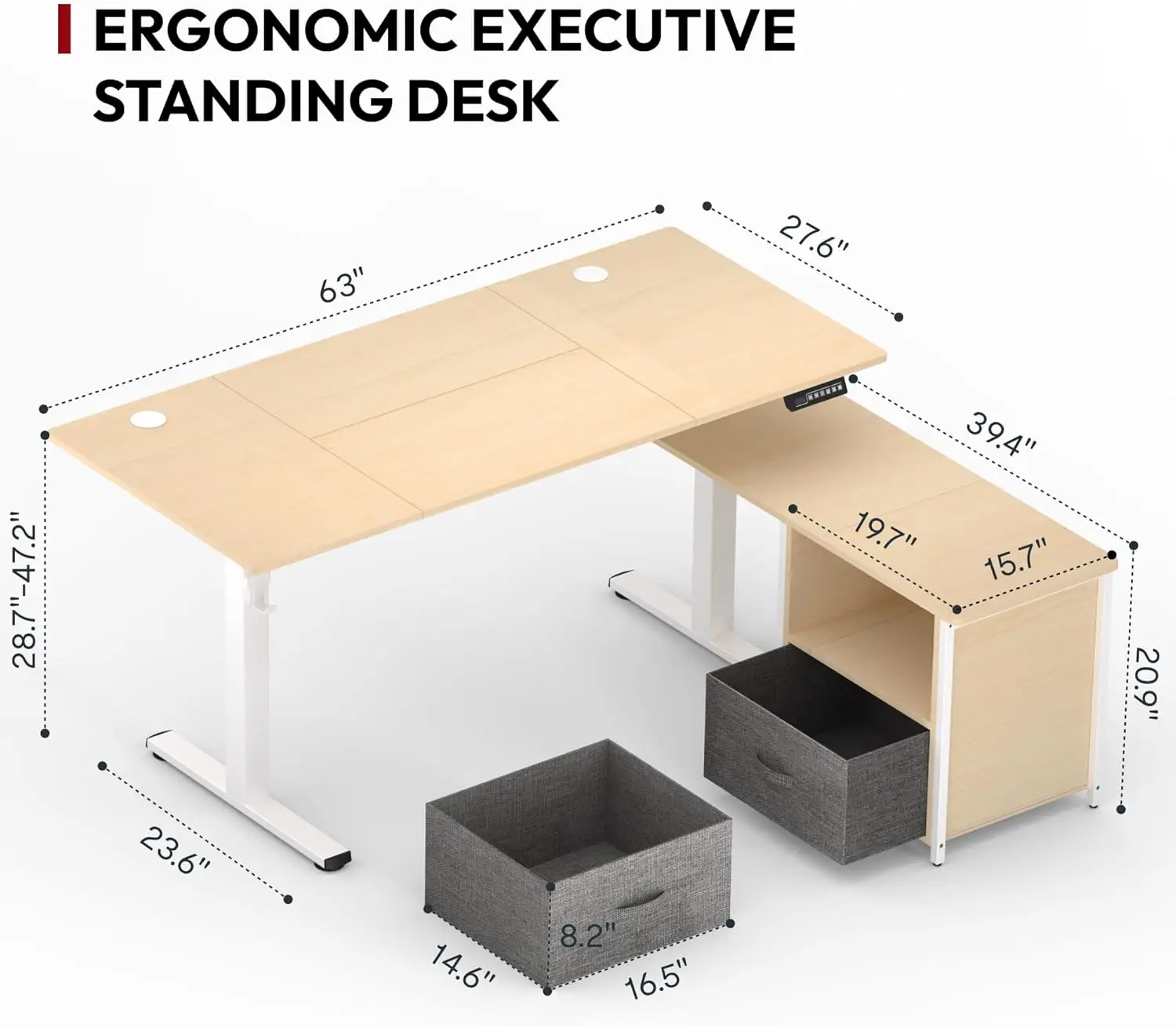 

Sanodesk 63'' L Shaped Standing Desk With 2-Drawer File Cabinet, Electric Height Adjustable Stand Up Desk W/Usb Charge Ports,