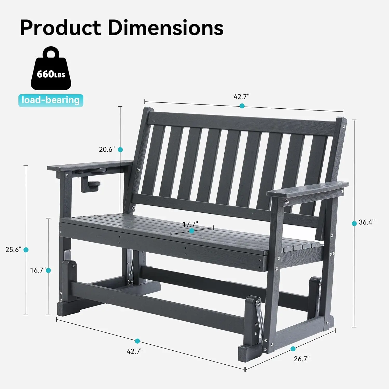 

Outdoor Glider Bench for 2, Weather-Resistant Swing Chair with Cup Holder, Grey, 660LBS Capacity