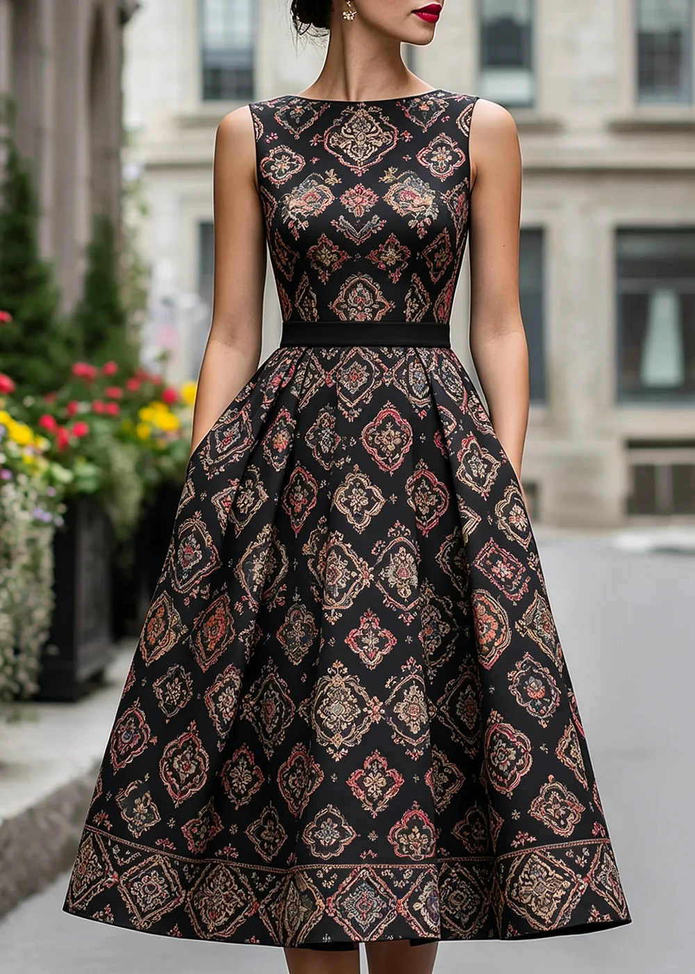

Women's Vintage Print Summer Midi Dress Slim Fit Sleeveless A-Line Pleated Fashion Elegant Versatile Casual Swing Dresses
