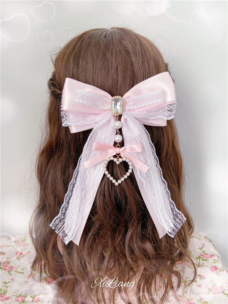 Handmade Japanese Sweet Pink Kawaii Cute Lace Love Big Butterfly Hair Clip Lolita Mine Hairwear Clip Hairpin Bow Tie for Women