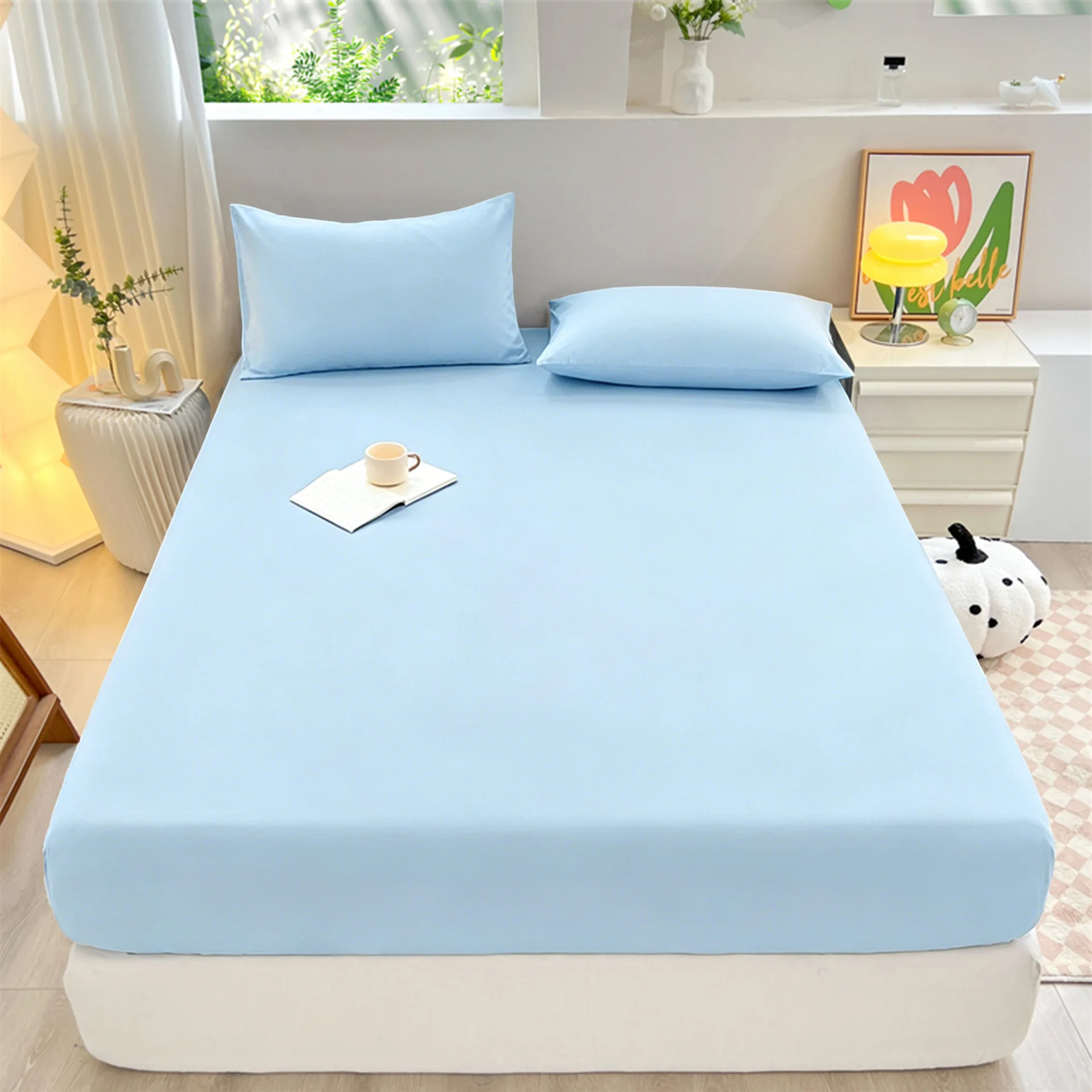 90/120/150/180x200cm Solid Color 3-Piece Fitted Sheet Set with Elastic Band Mattress Covers Protector Single/Double/King Beds