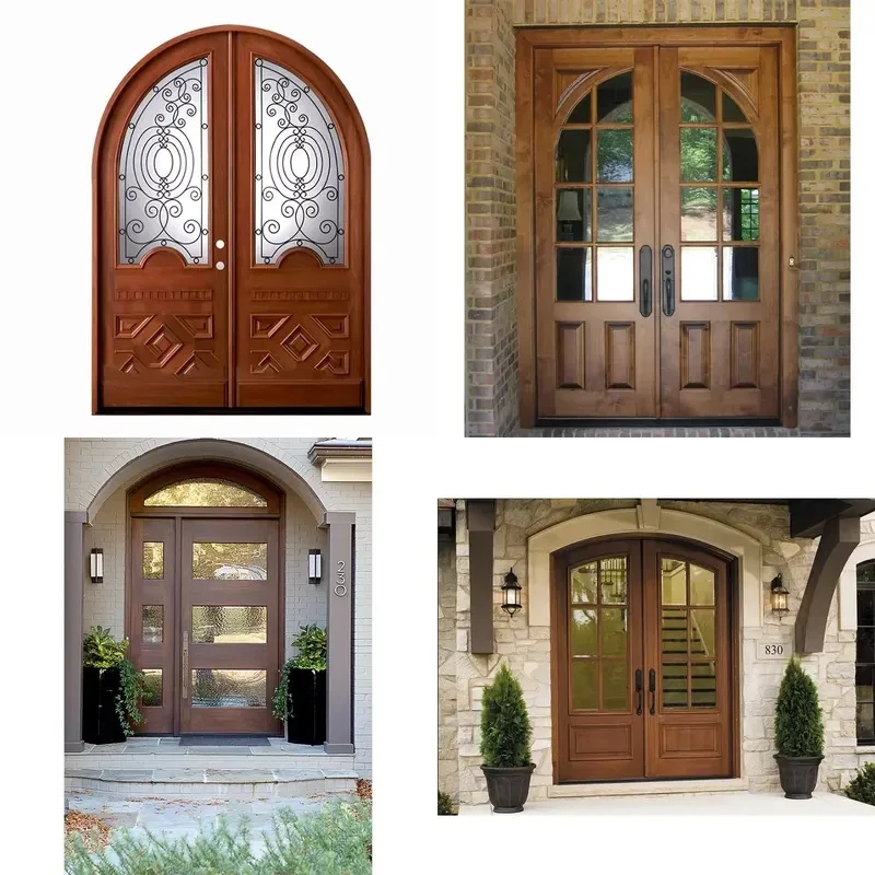 Main Door Solid Wood Arch Engraved Design Wood and Glass Door
