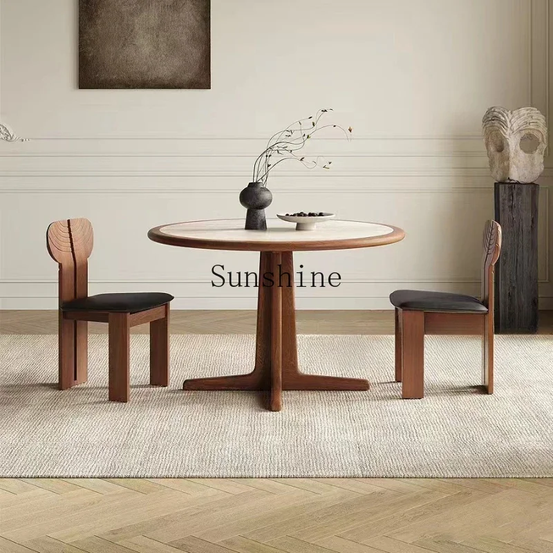 

French retro white rock slab solid wood inlaid dining table household premium round dining table