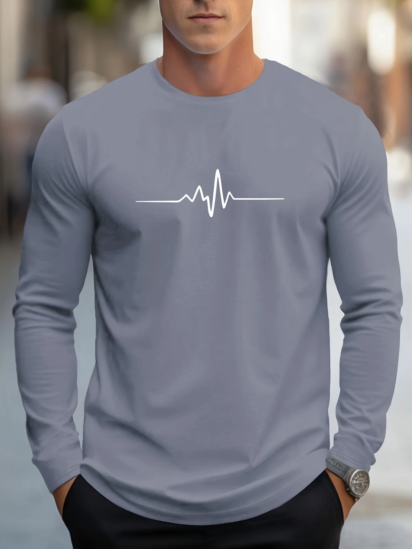 A nova camiseta masculina de manga comprida para primavera e outono 2025 é casual e confortável com impressão de padrão listrado 3D