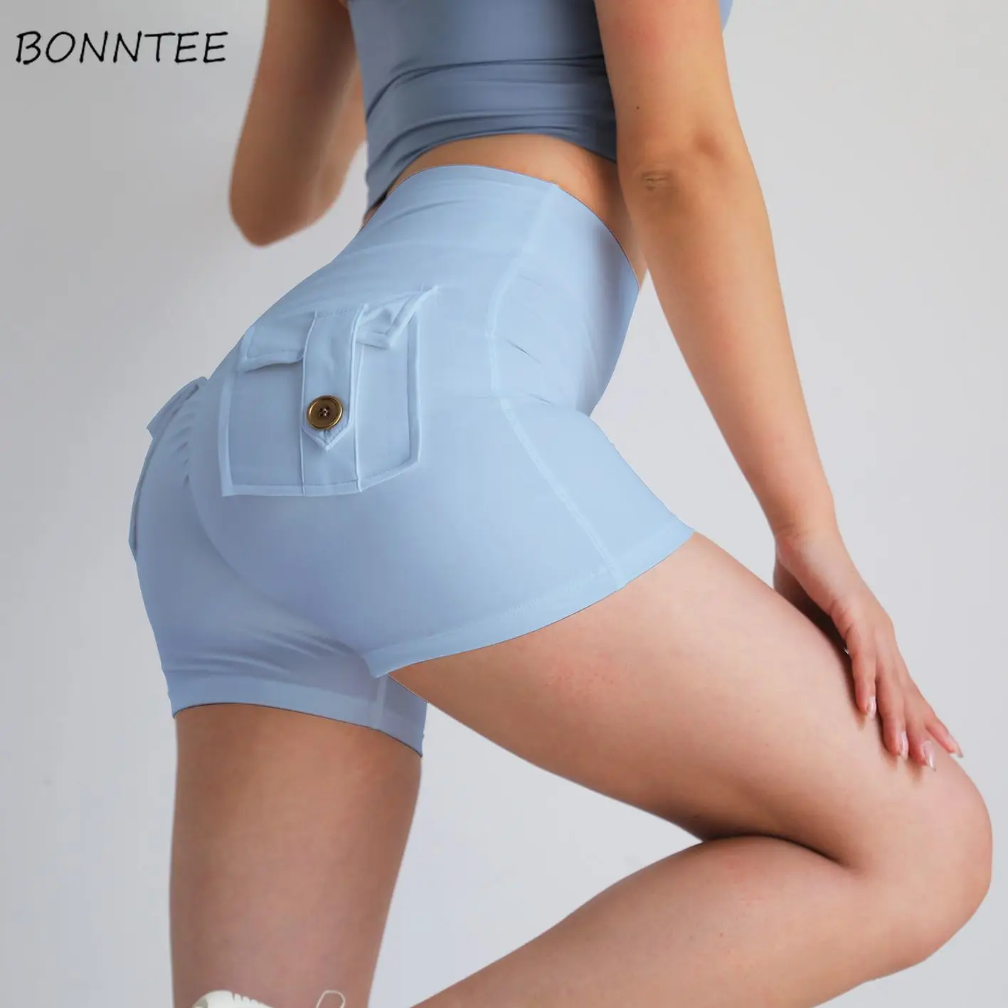 

Skinny Shorts Women Summer Sporty Quick Dry Pockets High Waist Trousers Stretchy Sexy All-match Temper Breathable Tender Chic