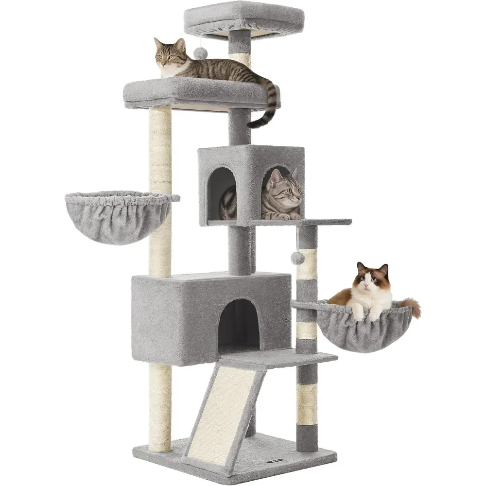 

68.5-Inch Dove Gray Tall Cat Tree Tower With Large Perch, Scratching Posts & Double Caves