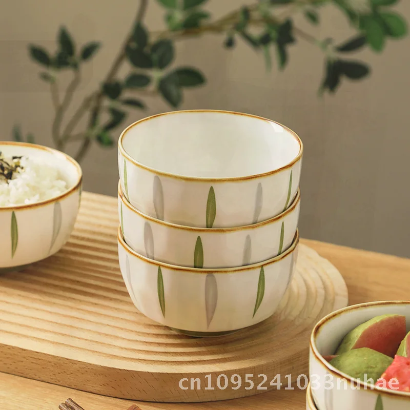 

Japanese Style Fresh Rice Bowl Modern Minimalist Underglaze Color Porcelain Tableware for Adults Noodle Bowl Green Wood Style