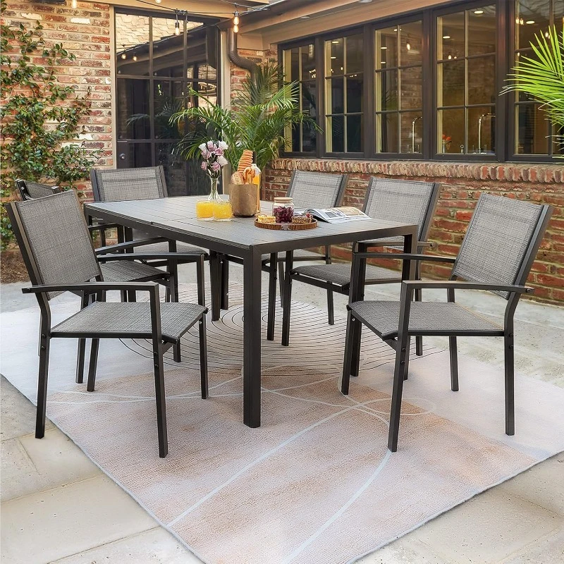 Juego de comedor para patio de 7 piezas, conjunto de muebles de exterior con mesa resistente a la intemperie y 6 sillas apilables de textileno para jardín, patio