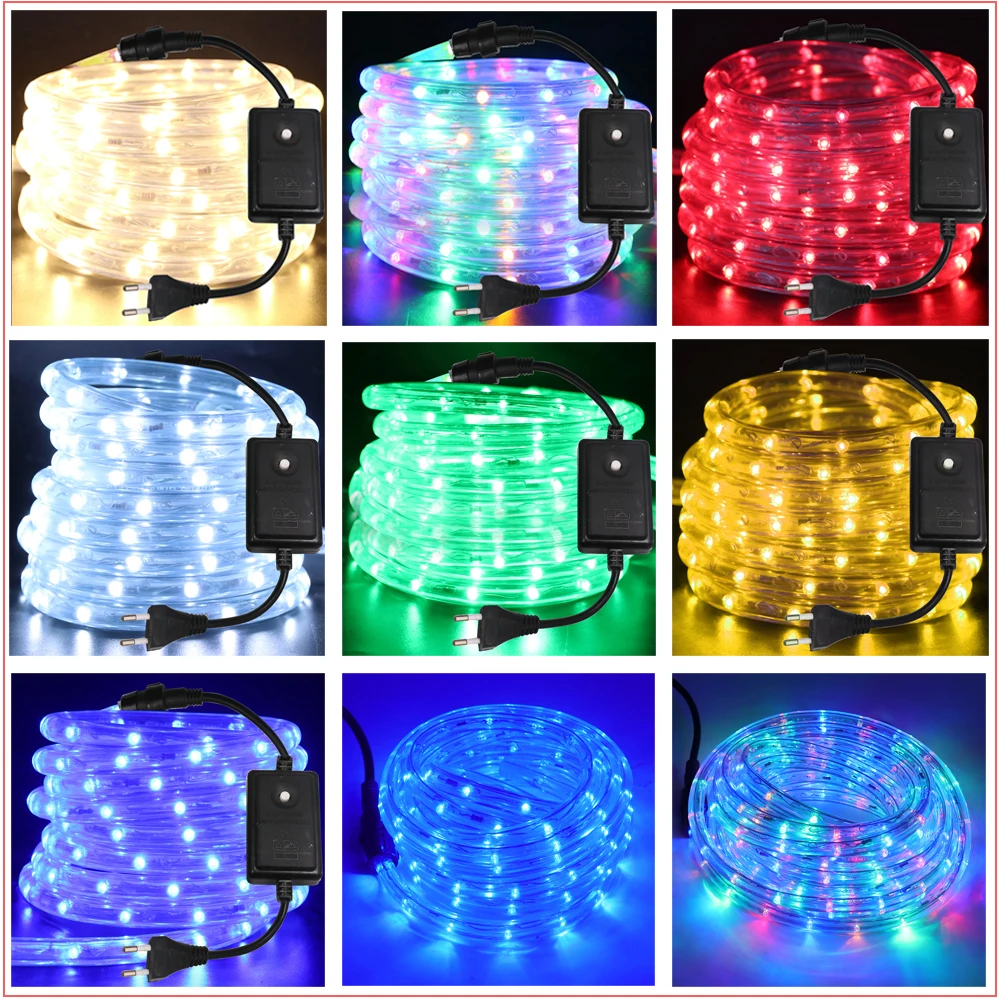 360 Round LED Strip Light Rainbow RGB Neon Tube Light Flexible LED Tape Rope 8 Mode Waterproof Stripe Lamp for Outdoor 220V 110V