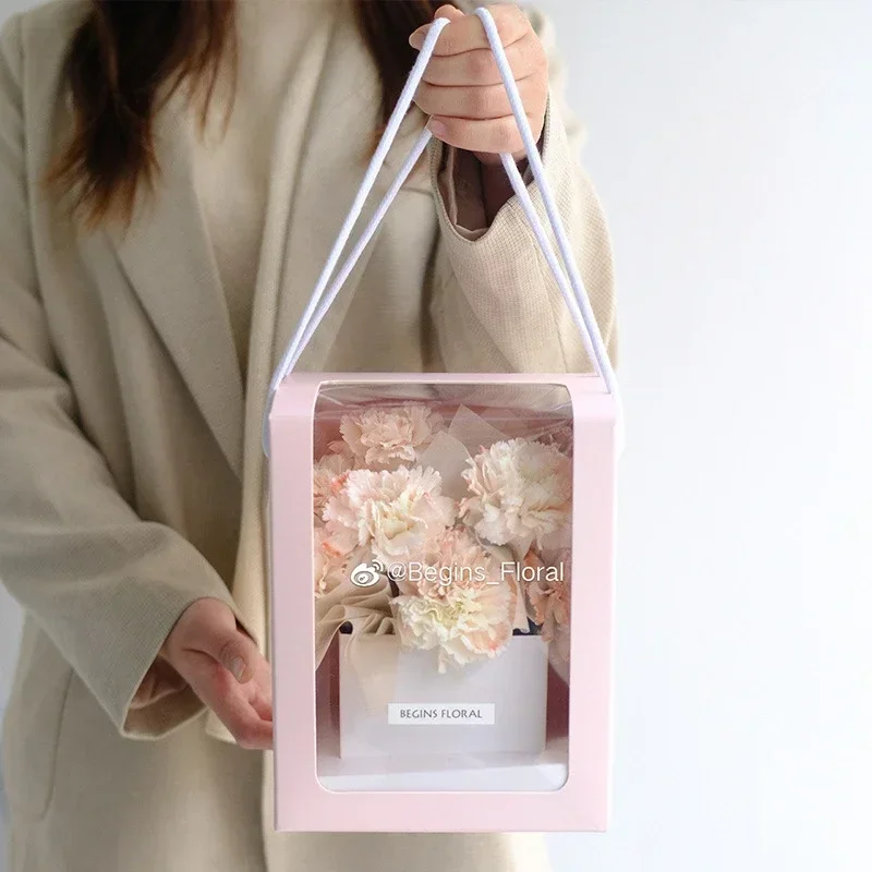 5pcs Transparent Window Carrying Bag Pink High End Festival Flower Gift Handheld Box White Cake Bouquet Portable Packaging Boxs