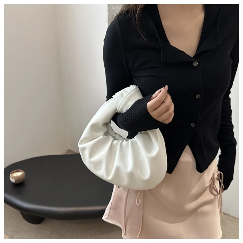 

Women Leather Pleated Handbag Solid Color hasp Texture Dumpling Bag Korean Casual Fashion Simple Female Handheld Bags