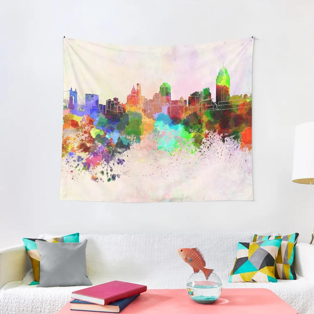 

Cincinnati skyline in watercolor background Tapestry Tapete For The Wall Home Decorations Aesthetic Outdoor Decor Tapestry