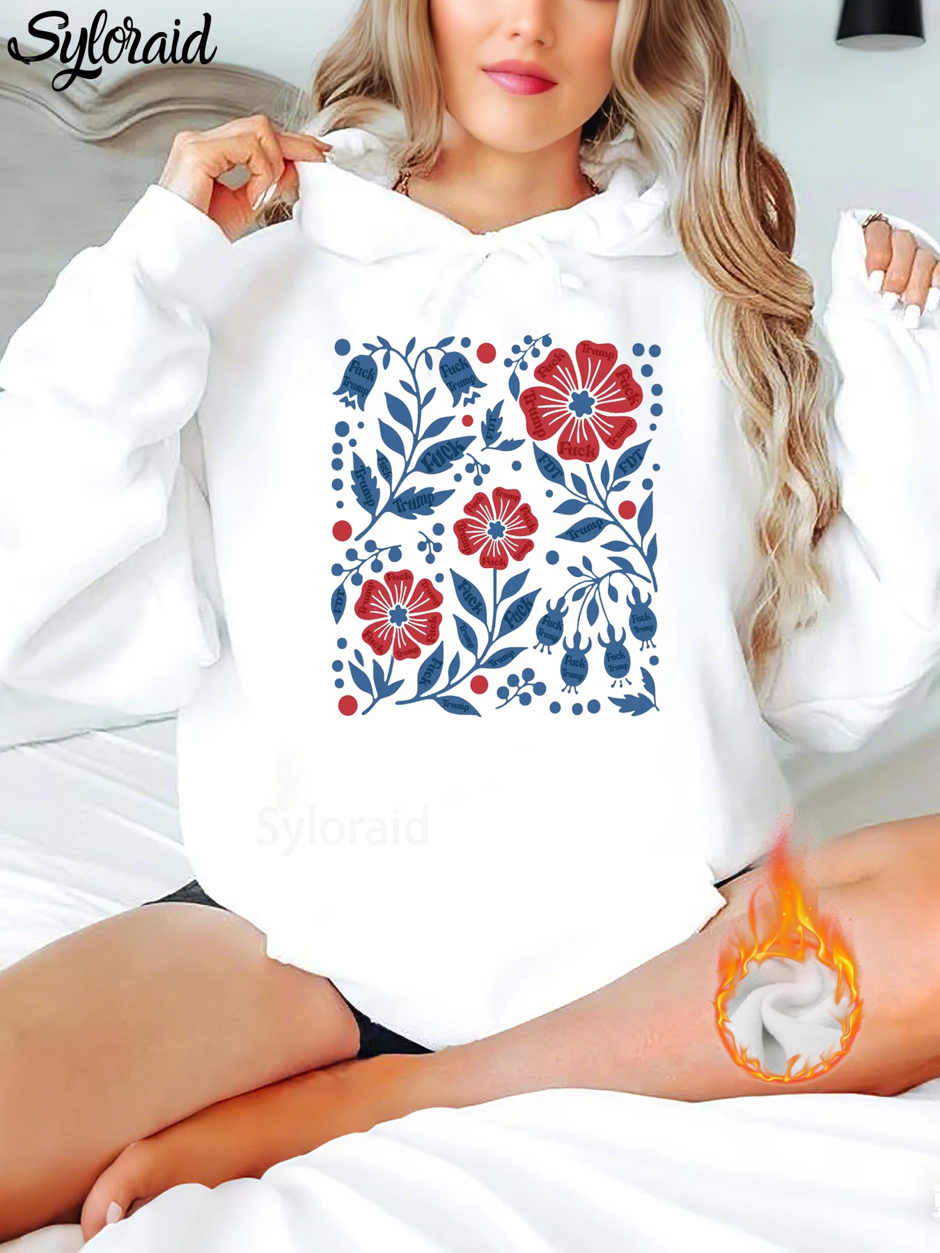 Damska bluza z kapturem oversize, pluszowa, codzienna, z nadrukiem kwiatowym FDT, bluza z kieszenią kangurką na zimę.