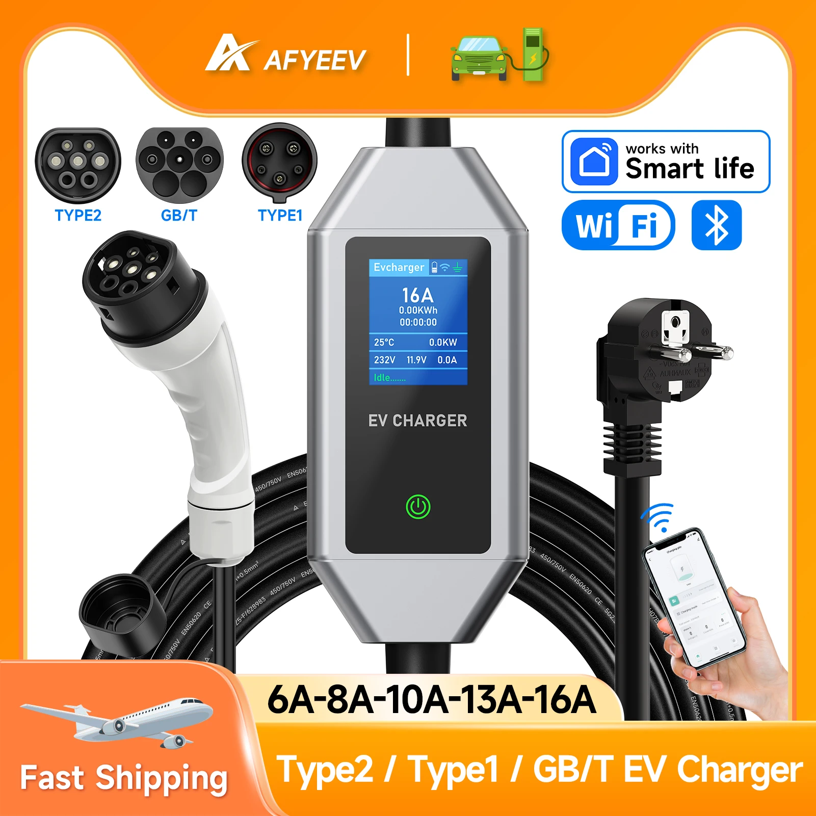 

AFYEEV EV Charger Type2 Type1 GBT 16A 3.5KW Charging Station Car Charger 1 Phase EVSE Wallbox 2.8inch Screen Smart APP Control
