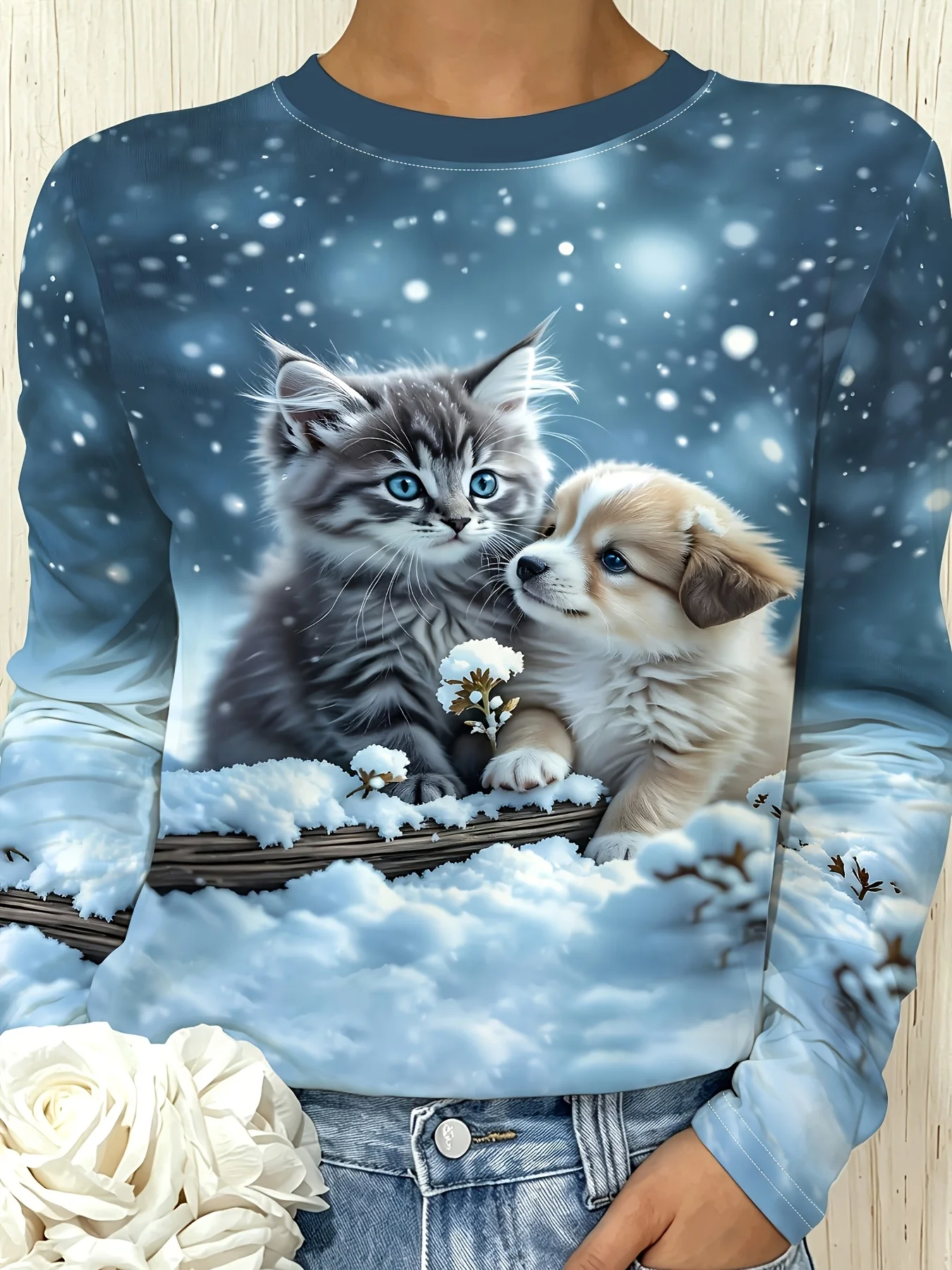 Women's Long Sleeve T-Shirt, Cute Kitten And Puppy In Snowy Basket Print, All-Winter Holiday Style Top Suitable For Leisure And Sports Scenarios