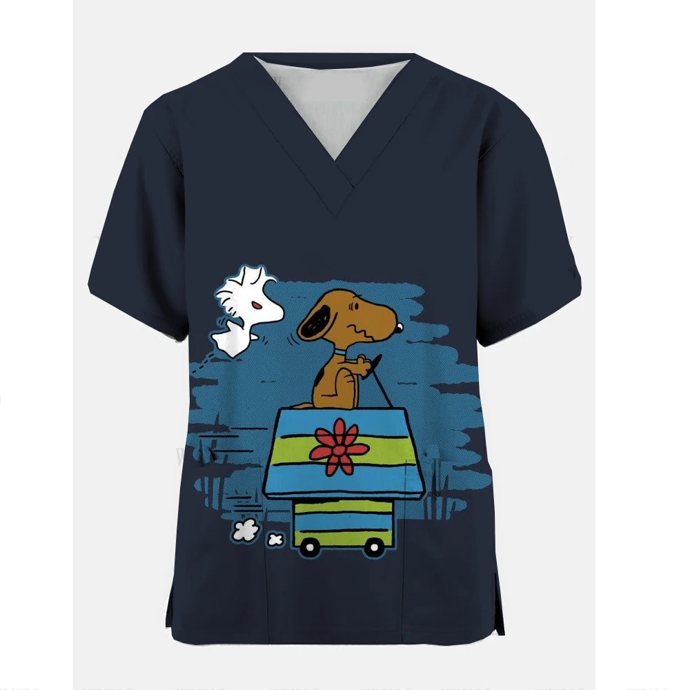 Women T Shirt Snoopy Route 66 print Pockets V-Neck Scrubs Uniforms Pet Grooming Nurse Spa Caring Tees Top De Enfermeria Para