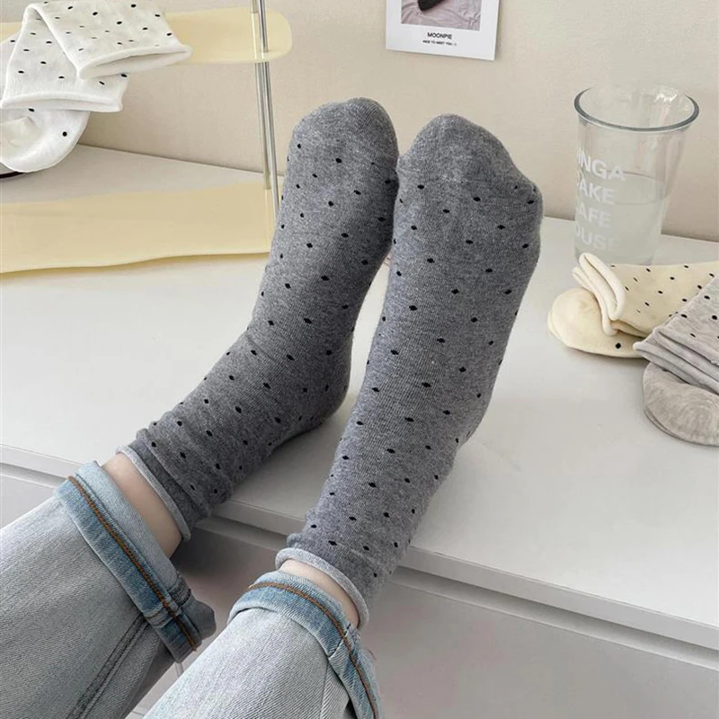 5/10 Paar Damen-Socken mit gerolltem Rand, gepunktet, mittlere Röhre, Frühling und Sommer, schweißabsorbierend, atmungsaktiv, süß, einfacher Stil, lässige Socken – Detail 15