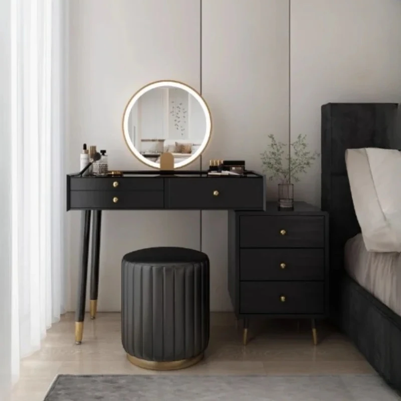 

Storage Black Vanity Table Drawers Stool Nordic Makeup Modern Dressing Table Aesthetic ItemsTocador Maquillaje Bedroom Furniture
