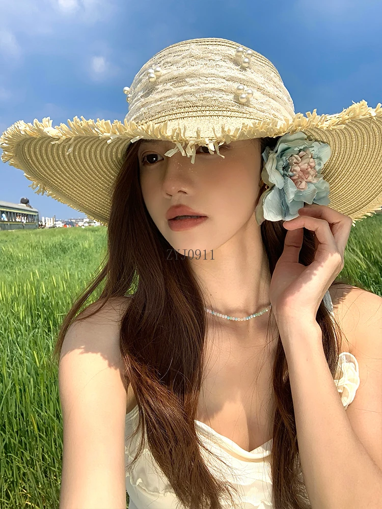 Lace bow woven straw hat women's summer big brim seaside vacation beach sunshade sunscreen hat
