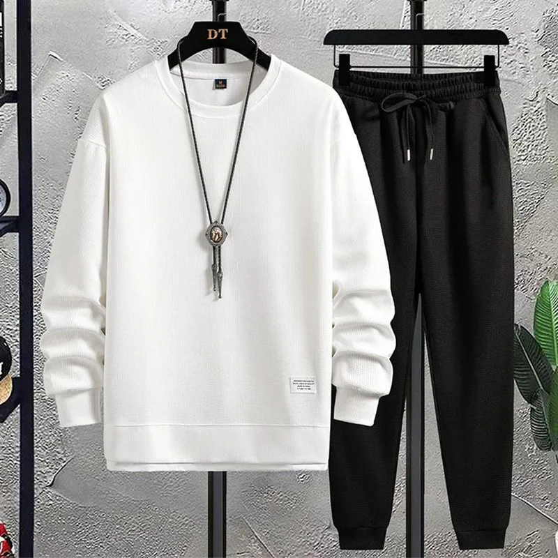 

2024 High-end round neck waffle long-sleeved new autumn men's tops and sweatpants suits, casual outdoor trendy suits for men