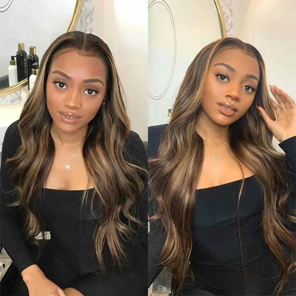

4/27 Highlight Body Wave Transparent Lace Frontal 100% Human Hair Wigs 13x6 HD Lace Front Wig 200% Density Pre Plucked For Women