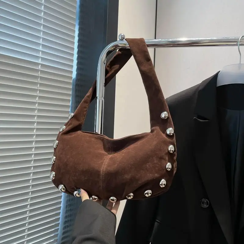 حقيبة يد نسائية من جلد الغزال المتشرد مرصعة بالكتف بلون سادة حقيبة يد عصرية للعمل والسفر والتسوق #2