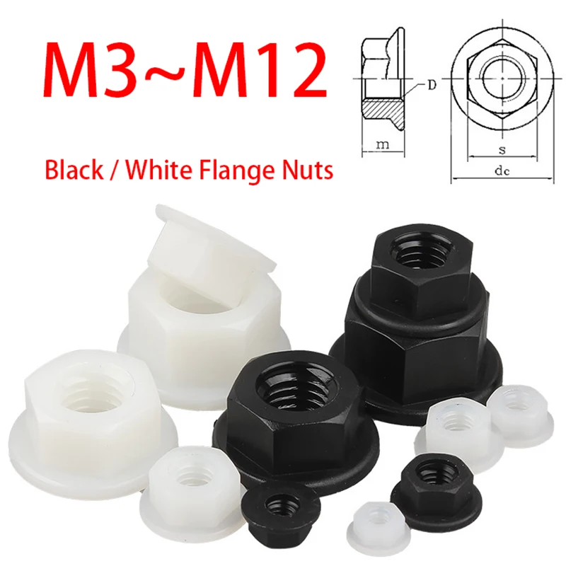 10/ 20/ 50pcs M3 M4 M5 M6 M8 M10 M12 Nylon Flange Nuts Hexagon Flange Nut for Heat/ Electricity Insulation