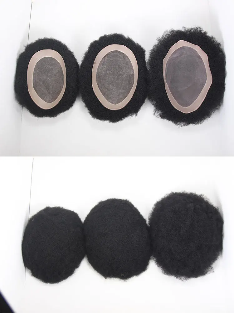 Afro Black Mens Toupee 4MM Man Wigs 100%Human Hair African American Systems Afro Curly Hair Pieces Replacement 1# Jet Black 8x10