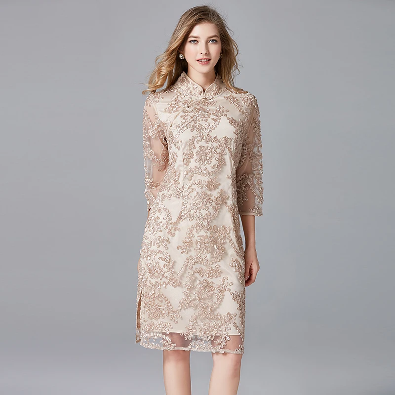 New Autumn Vintage Lace Dresses Style Stand Plus Size Dress Glod Color Embroidery A-Line Knee Length Women Lace Dresses 14230