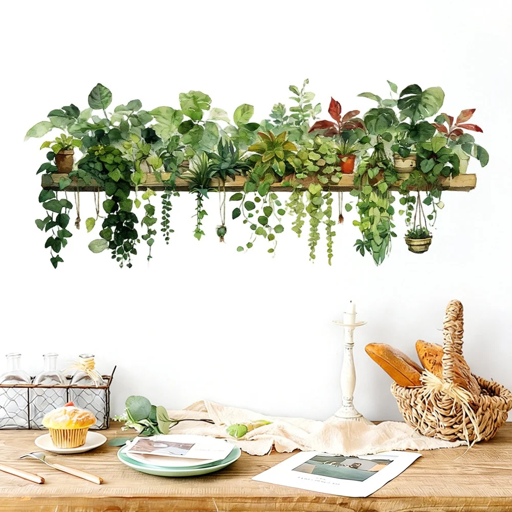Potted Plant Green Leaves Wall Stickers, Self‑adhesive Botanical Mural Decals, Decorative Wall Art Ornament For Living Room