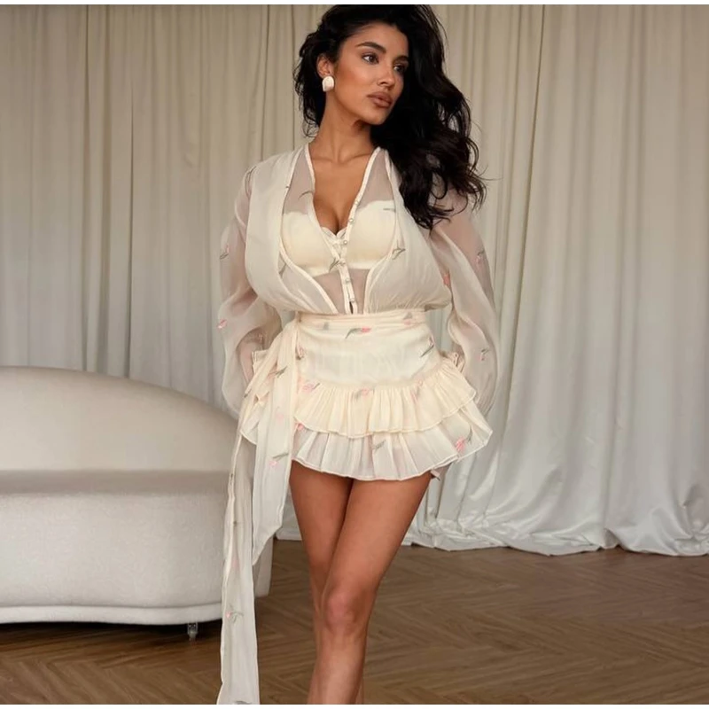 2026 Spring Summer Floral Embroidered Chiffon Wrap Tie Waist Ruffle Mini Dress Sheer V-Neck Romantic Feminine Women Date Vestido