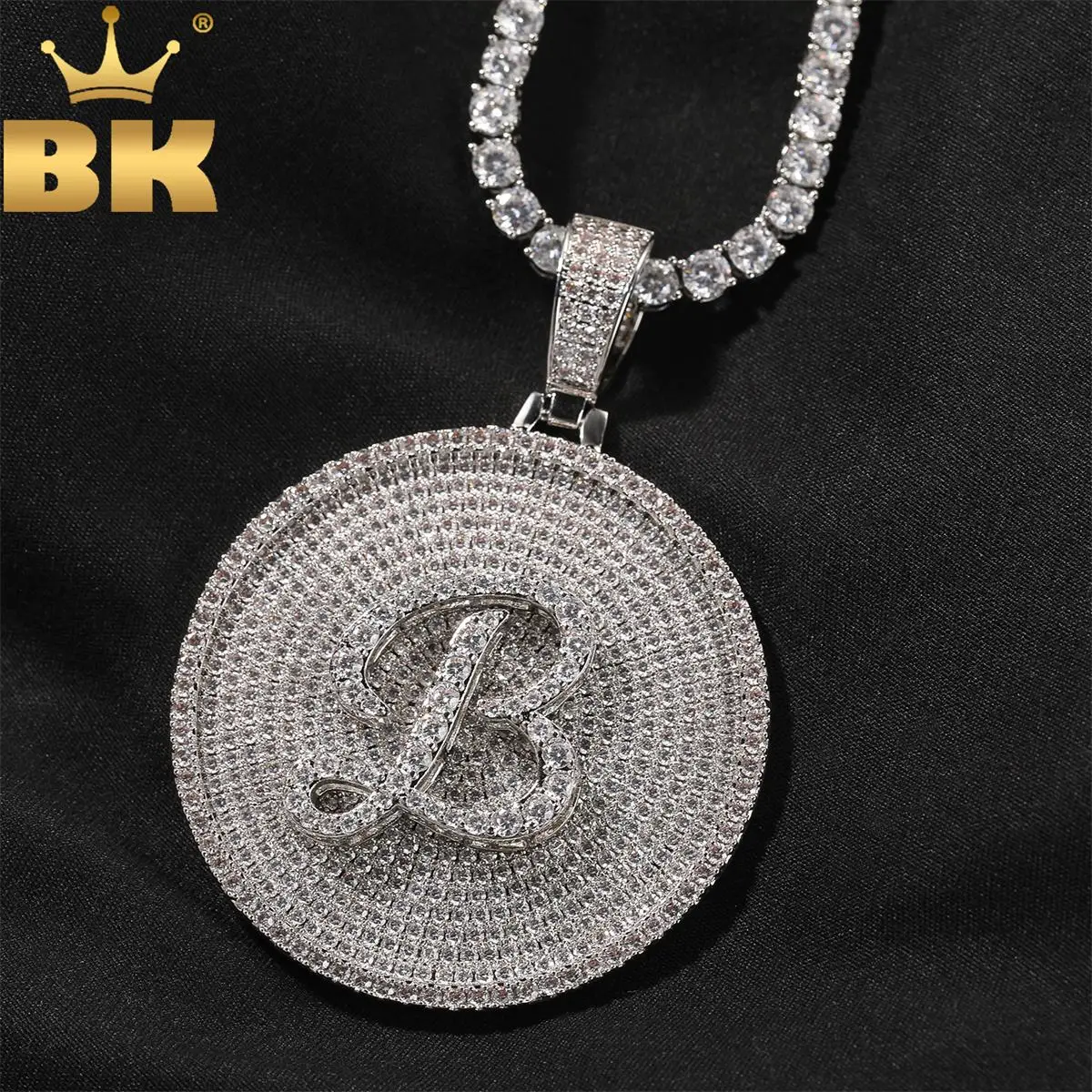 

THE BLING KING Custom Cursive Initial Letter Round Pendant Micro Paved Cubic Zircon Personalized Medallions Hiphop Jewelry