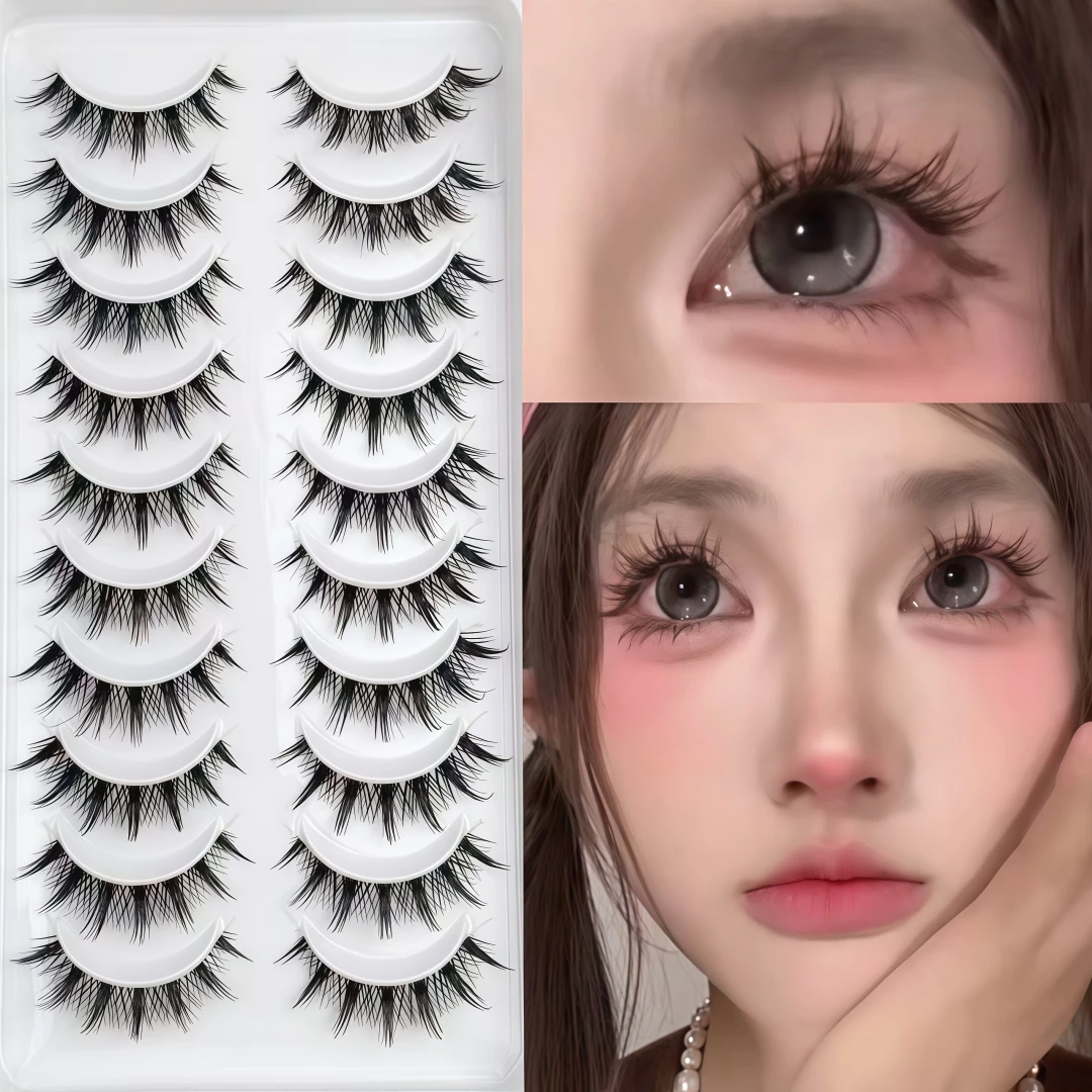 Cute Girl Style Lolita Makeup Cosplay Little Devil False Eyelashes, Natural Realistic Universal Full-Strip 10 Pairs Pack Clear B