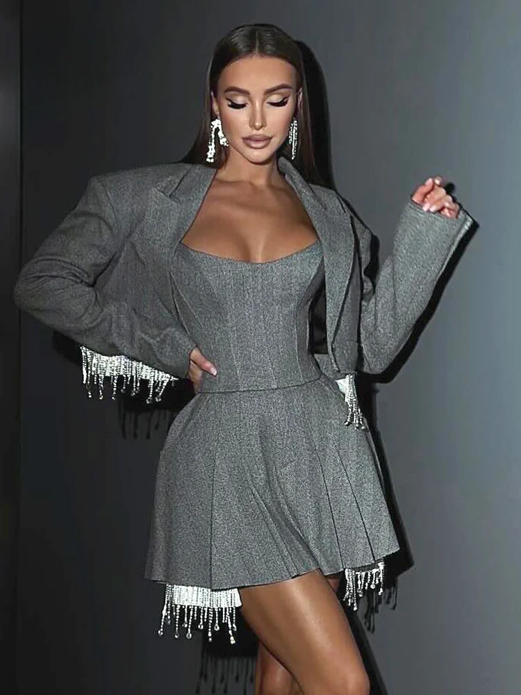 

Sexy Long Sleeve Two Piece Set Strapless A-Line Mini Dress with Sparkle Diamonds Tassel Blazer Suit for Evening Party