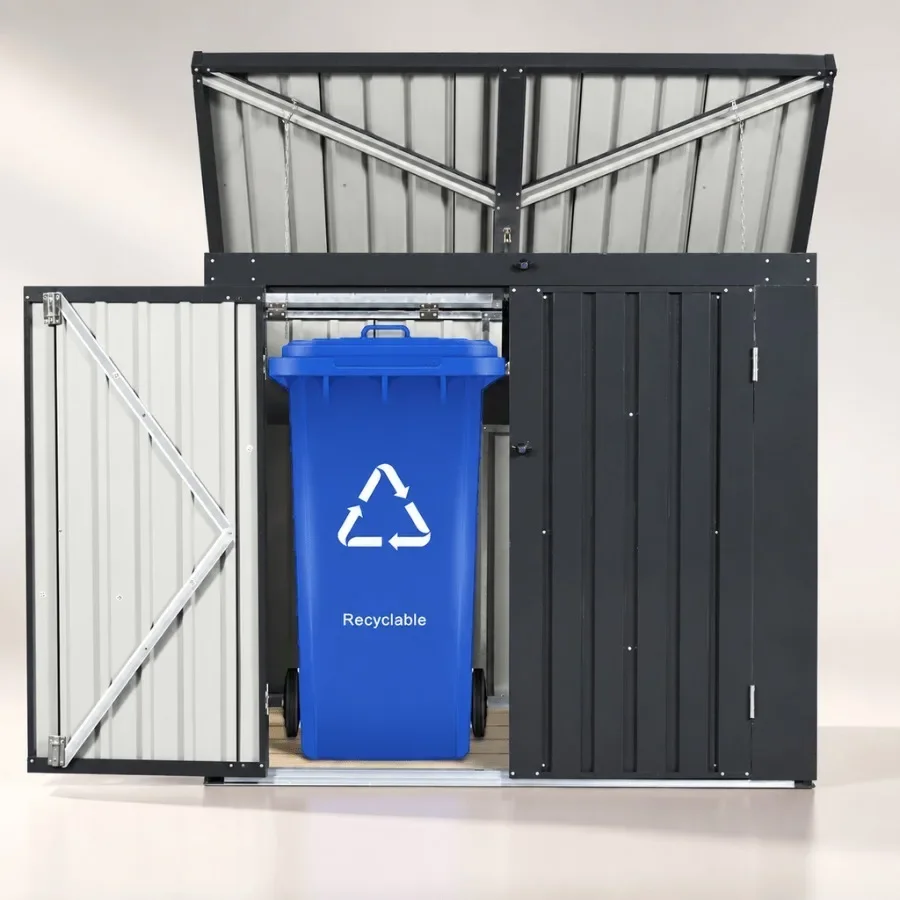 Outdoor garbage bin shed for garden yard lawn storage, stainless galvanized steel, black, holds 2 trash cans
