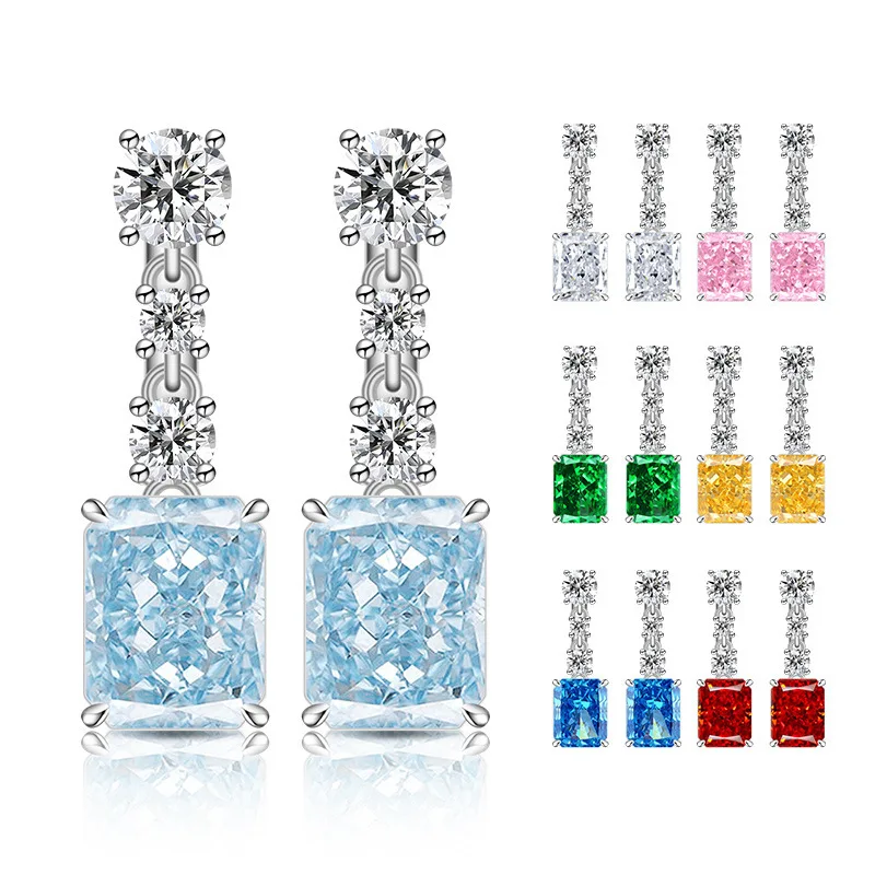 925 Sterling Silver Sparkling Square High Carbon Diamond Ice Flower Cut Long Smart Women's Light Luxury Wedding Earrings