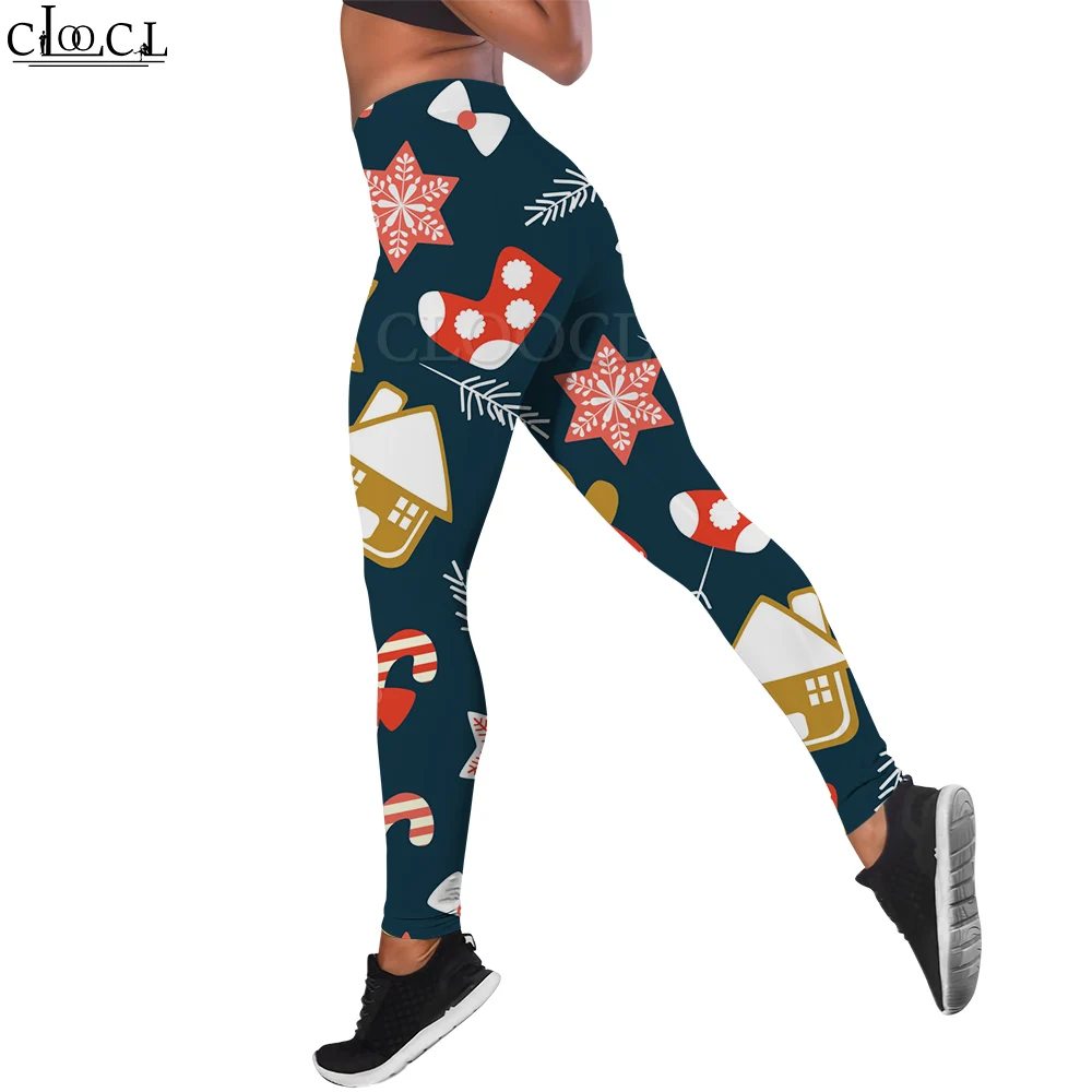 Cloocl moda feminina legging meias de natal floco de neve impresso calças para treino feminino push up jogging cintura alta calças yoga