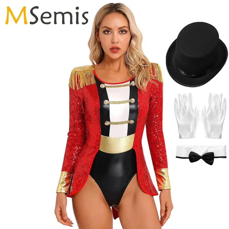 

Womens Circus Ringmaster Outfit Halloween Cosplay Masquerade Costumes Bodysuit Fringe Epaulette Collar Bow Hat Sequin Jumpsuit
