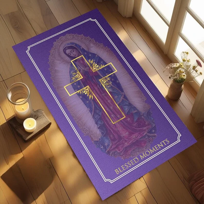 Elegant Purple Gold Floral Cross Prayer Rug, Christian Home Decor with Purple Roses & Olive Branches, Non-Slip Religious Mat